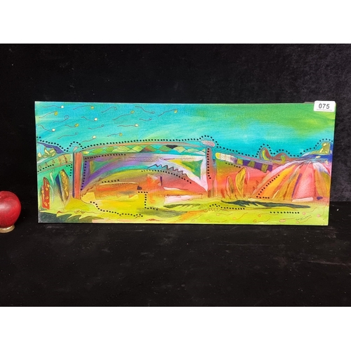 75 - A lively original acrylic on canvas painting. Features a surreal imaginative landscape with flying c... 