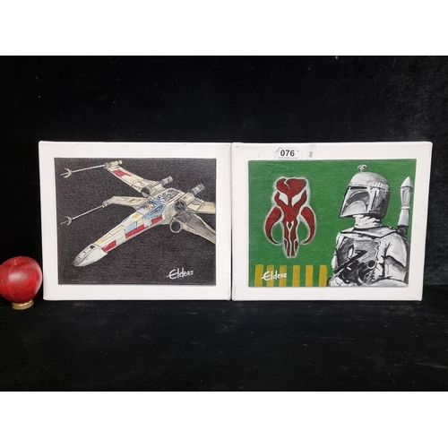 76 - Two original Eamonn Elders oil on board paintings. Features Star War characters Bobafet and X Wing. ... 