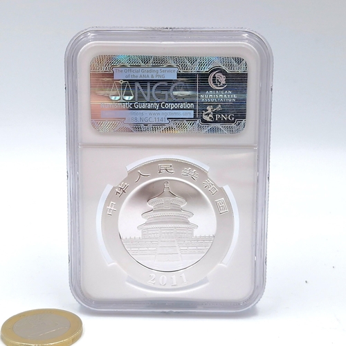 512 - An encapsulated one ounce .999 silver early release panda silver coin dated 2011. Fm 70