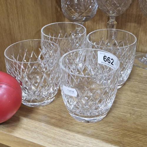 662 - A striking set of four Waterford crystal whiskey tumbler glasses. In the Lismore pattern. With acid ... 