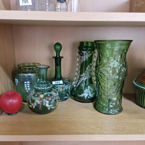 707 - Five green glass items including four hand blown studio art glass examples in Mary Gregory  featurin... 