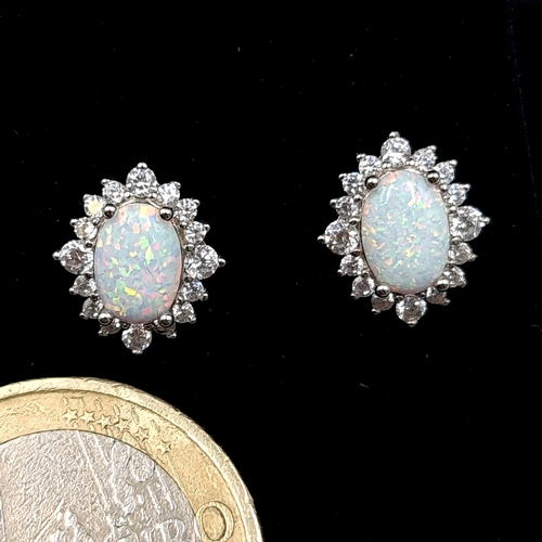 550 - A pair of sterling silver opal stud earrings with gem set mount. Old new stock - never worn. Boxed.