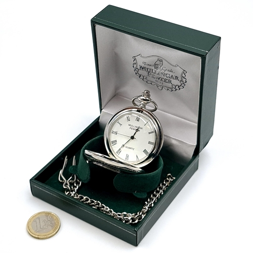 576 - A Mullingar pewter quartz pocket watch & chain - in original presentation case.