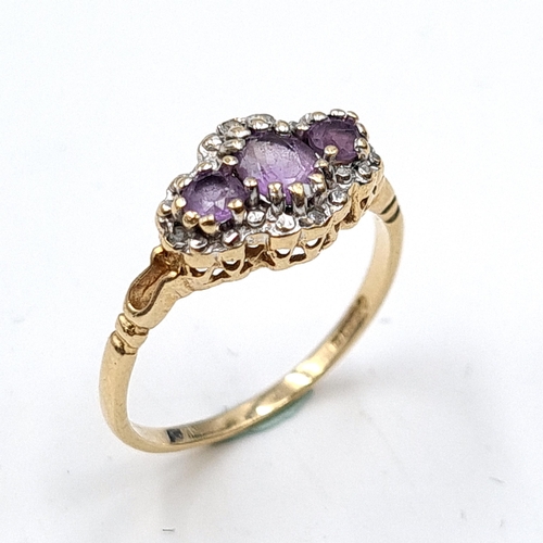 643 - Star Lot: A gorgeous diamond and amethyst ring set in nine carat gold. Stamped 375. Ring size M. Tot... 