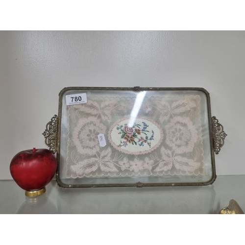 780 - A beautiful example of an antique Victorian filigree brass lace petit point vanity tray.