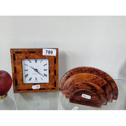 789 - Two handsome art deco walnut style items including a letter rack and an Addison Ross London desk clo... 