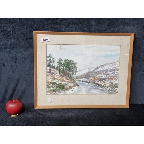 836 - An original 'B.Hudson' watercolour on paper painting featuring a mountainous landscape trail populat... 