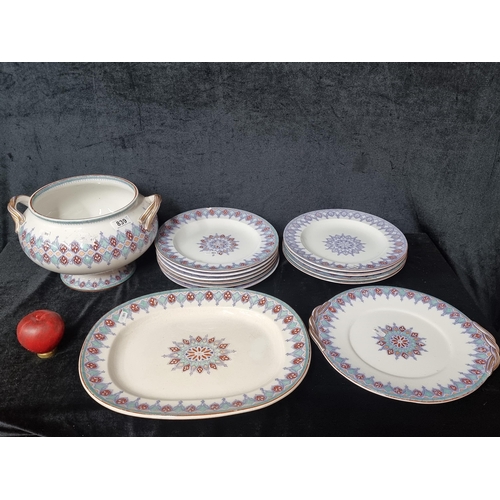 839 - A set of ten Rouen pottery plates along with two matching serving dishes. Lot also includes a Lashwo... 