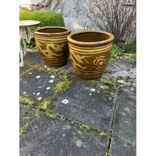 1012 - Star lot : Two very large vintage glazed Garden pots with Dragon Design. From the clearance of Dunbo... 