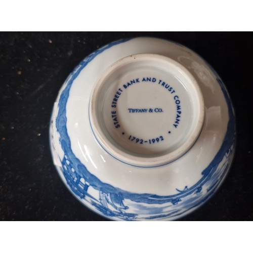 774 - A Tiffany & Co small porcelain bowl in a blue and white pattern. Stamped 