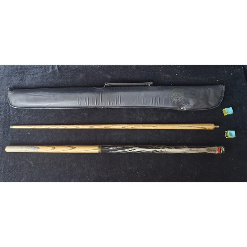 818 - A BCE two piece snooker cue with nylon carry case and two chalks. Cue tip appears to be in good orde... 