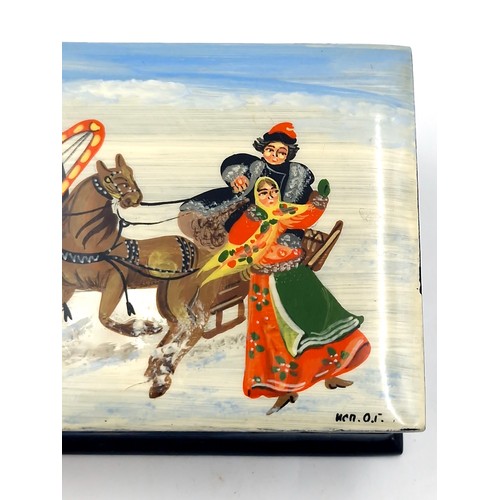 2 - An attractive Russian hand painted lacquered trinket box with artist's signature. Dimensions: 10 x 7... 