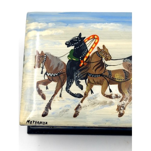 2 - An attractive Russian hand painted lacquered trinket box with artist's signature. Dimensions: 10 x 7... 