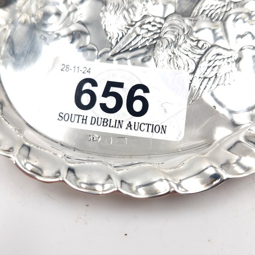 656 - A dainty sterling silver heart-shaped pin dish. The centre is embossed with Reynolds Angels and woul... 