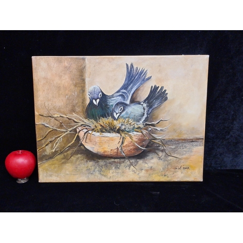 64 - A captivating original oil on canvas painting. Features pigeons in a nest. Rendered in confident bru... 