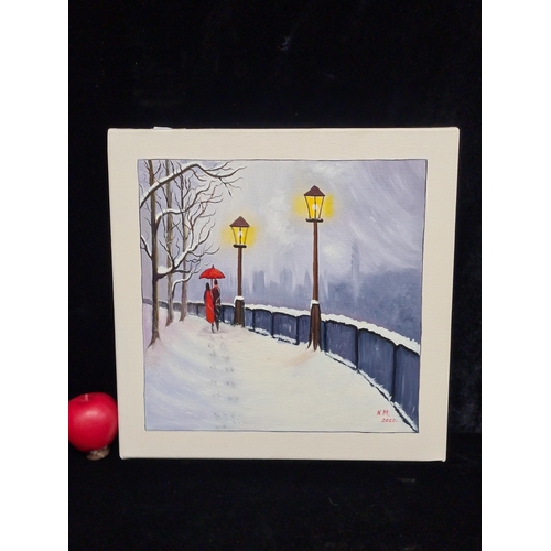 66 - An original oil on canvas painting. Features a dusky snow street scene with lanterns. Rendered in so... 