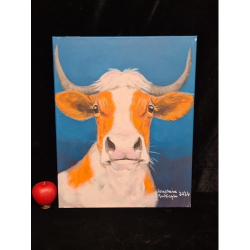 68 - An original Josephine Guilfoyle acrylic on canvas painting titled 'Mootown Kelly'. Features an up-cl... 