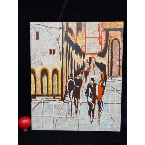 72 - An original oil on canvas painting. Features an abstract street scene with figures walking. Rendered... 