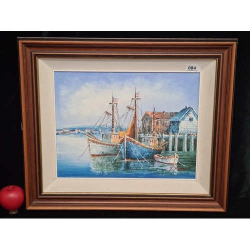 84 - A delightful original oil on board painting. Features a nautical scene with boats and mountains to d... 