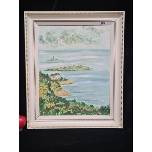 86 - An original 'M.Mundow' acrylic on canvas painting. Features a scene of Dalkey. The scene features ro... 