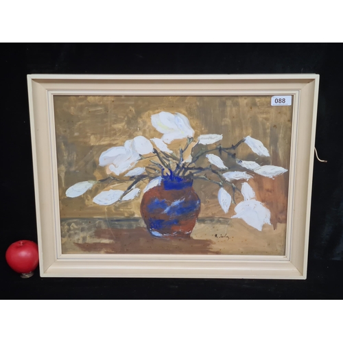 88 - An original oil on board painting by 'N. Jooley', showcasing a still life of a vase with flowers. Th... 