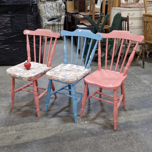 708 - Three charming painted wooden stick back chairs. Real country kitchen charm with padded seats for tw... 