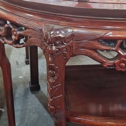 1401 - Star lot ;Carved mahogany demi-lune console table with intricate floral and dragon motifs. From the ... 