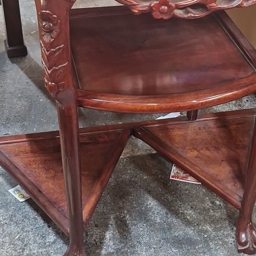 1401 - Star lot ;Carved mahogany demi-lune console table with intricate floral and dragon motifs. From the ... 