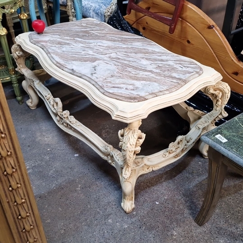 1410 - Star Lot : A French chateau Carved wood coffee table, featuring a cold Italian  marble top with orna... 