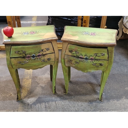 1411 - Star lot : A very pretty Pair of hand-painted wooden side tables or bed lockers  with floral motifs,... 