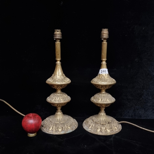 240 - A pair of heavy ornate brass table lamps with attractive double gourd body.