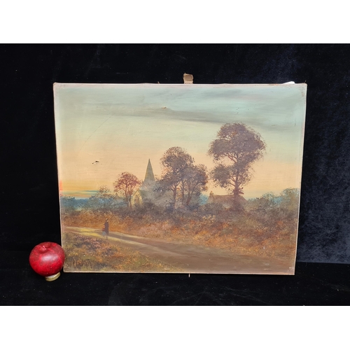 64 - A charming original antique oil on canvas painting. Features a rural landscape with the church and t... 