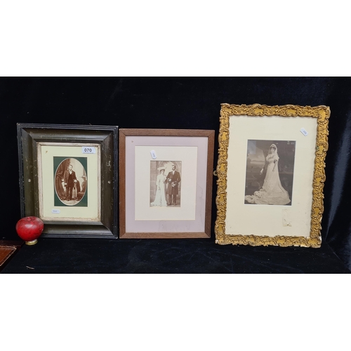 70 - Three original Victorian portrait photographs featuring a handsome couple on their wedding day, an i... 