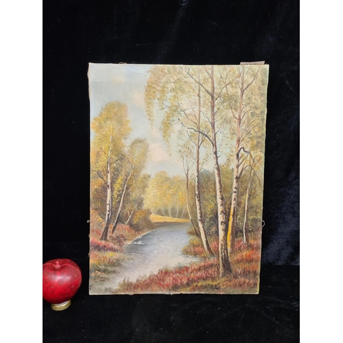 72 - An original 'Francotte' oil on canvas painting. Featuring an impressionstic landscape scene with riv... 