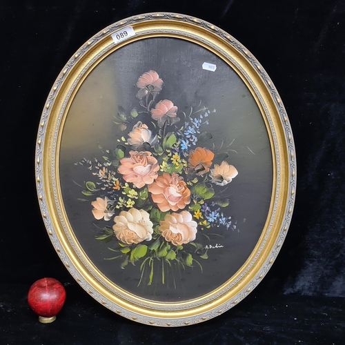 89 - A charming original oil on oval board painting featuring a still life of garden roses and flowers. R... 