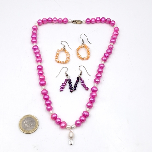 674 - A colourful array of beaded jewellery including a necklace and two pairs of earrings suitable for pi... 