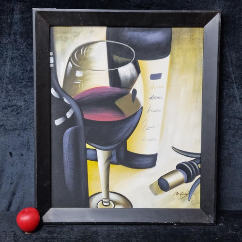 692 - A large original 'M.Gury' oil on canvas painting. Features a still life of a wine bottle and glass. ... 