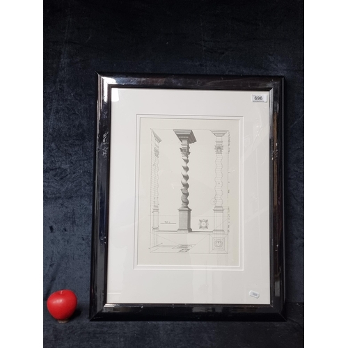 696 - A fine quality print of a classical architectural column drawing. Housed in a black gloss frame behi... 