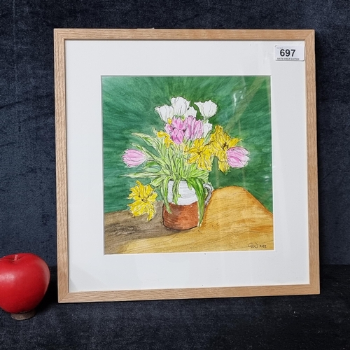 697 - A delightful original pen and watercolour on paper painting / drawing titled ' Tulips in Shanagarry ... 