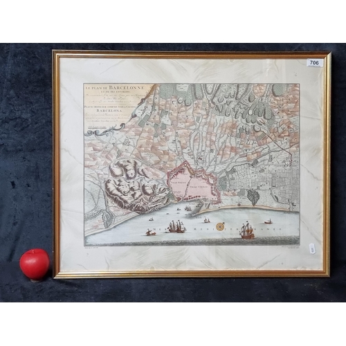 706 - A quality print of a 1706 map of Barcelona. Housed in a gilt frame behind glass.