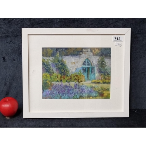 712 - An original 'F.Young' oil on board painting titled 'Ladvendar Pactch'. Features an enchanting cottag... 