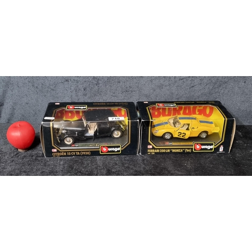 718 - Two collectible as new in box die cast metal Burago model cars including a 1938 Citroen 15 CV TA and... 