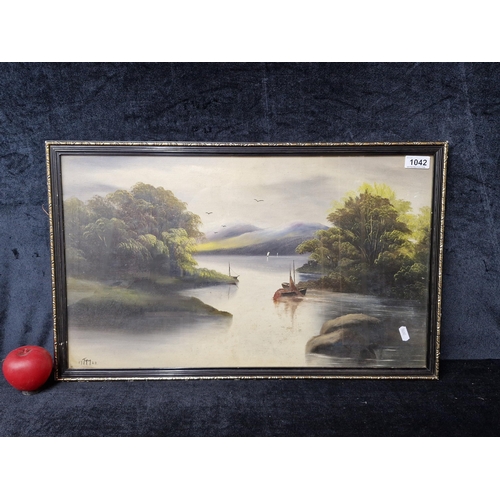 1236 - Star Lot: An original antique 'T.Y.Y' oil on board painting. Depicts a serene riverside scene with b... 