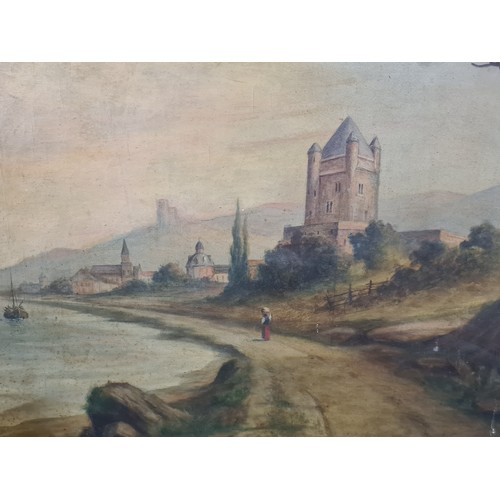 1239 - Star Lot: A large original antique oil on canvas painting. Features a charming riverside town, with ... 