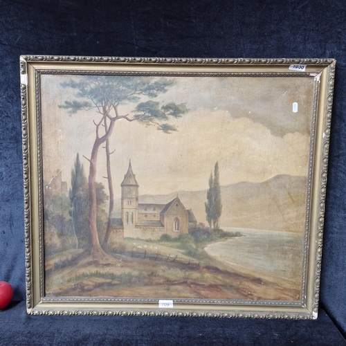 1240 - Star Lot: A large original antique oil on canvas painting. Depicts an ecclesiastical landscape with ... 