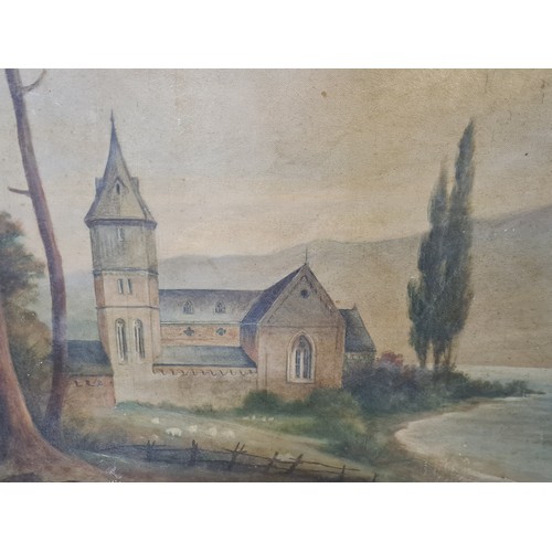 1240 - Star Lot: A large original antique oil on canvas painting. Depicts an ecclesiastical landscape with ... 