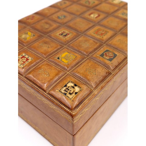 16 - A very nice example of a leather bound jewellery box with velvet lining set with heraldic design. In... 