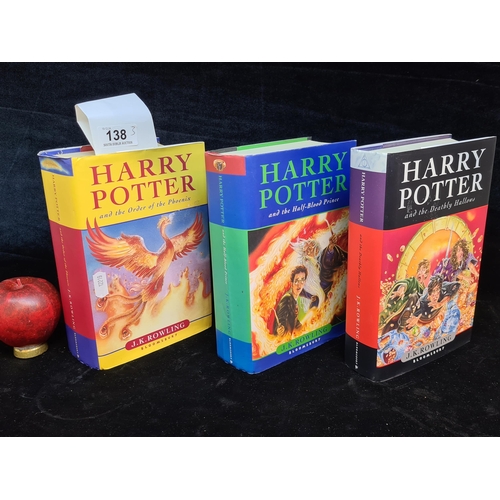 138 - Three First Edition Harry Potter hard back books. Includes Harry Potter and the Deathly Hallows, Har... 