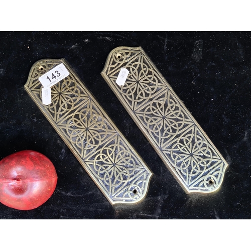 143 - A pair of Liffey Artefacts brass door finger plates with Celtic knot design.