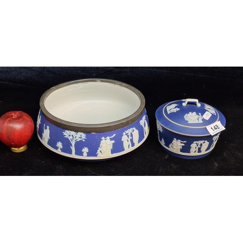 148 - Two beautiful pieces of antique 19th century Wedgwood blue Jasperware including a planter with EPNS ... 